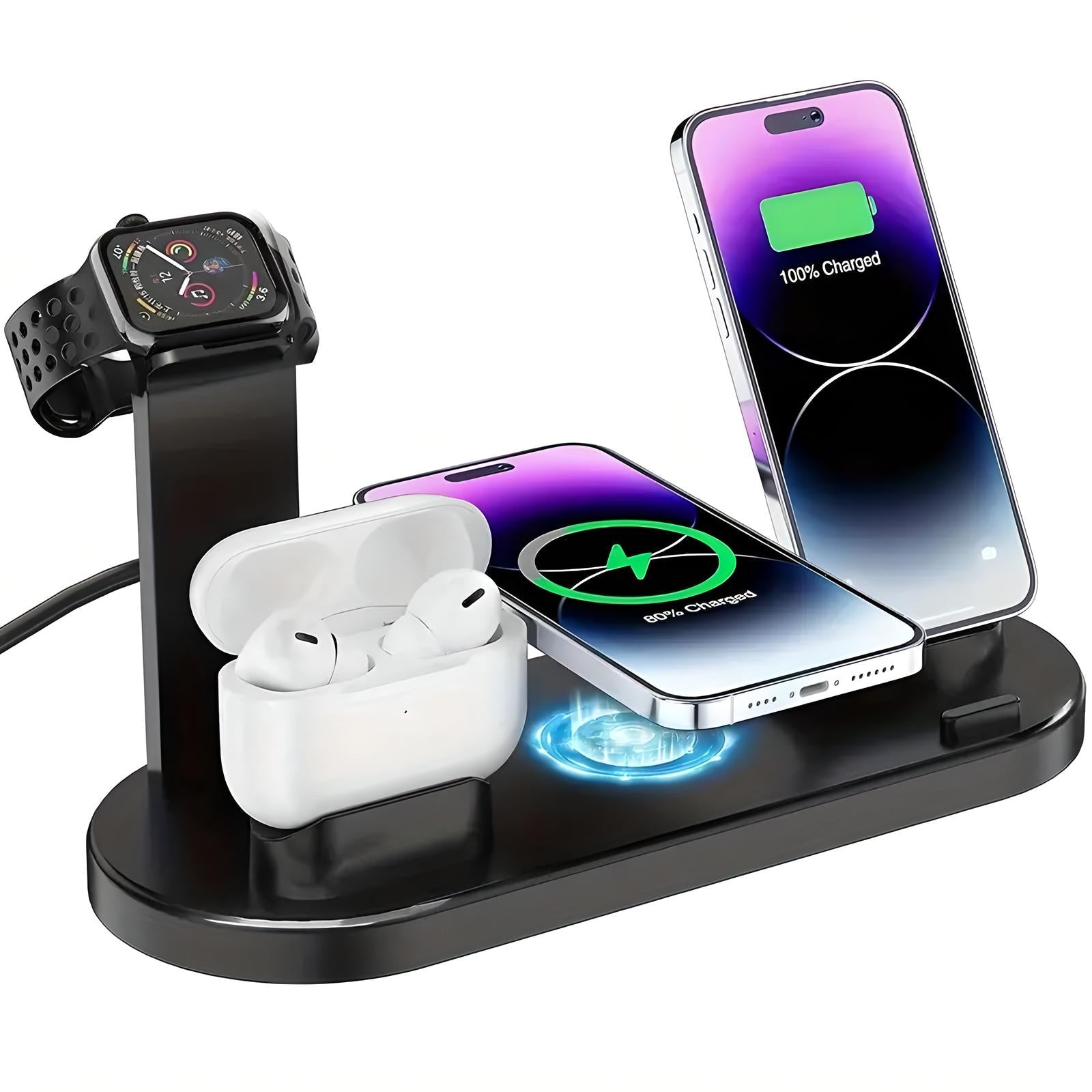 4-in-1 wireless charging station for iPhone, AirPods, and Apple Watch. Fast charging dock with sleek design, compatible with multiple devices.