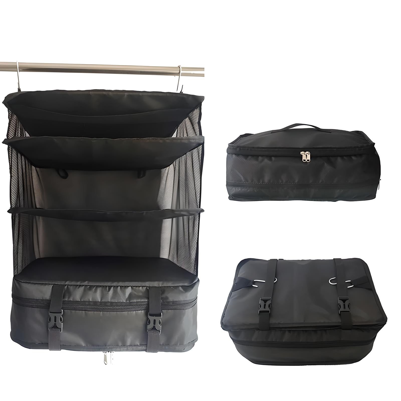 Collapsible travel organizer with hanging shelves, black suitcase, and zippered storage bag. Ideal for efficient packing and luggage organization.