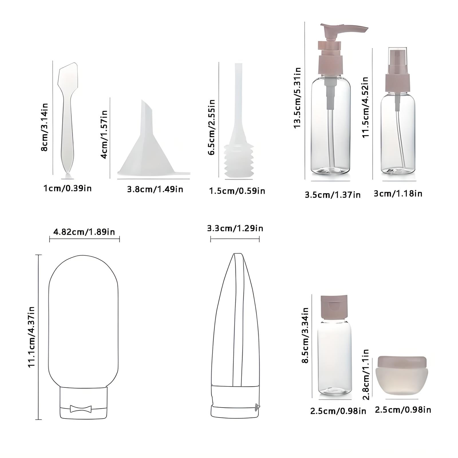 Travel-size toiletry containers set with pump bottles, squeeze tubes, and spatula. Ideal for shampoo, lotion, and skincare. Compact, leak-proof design.