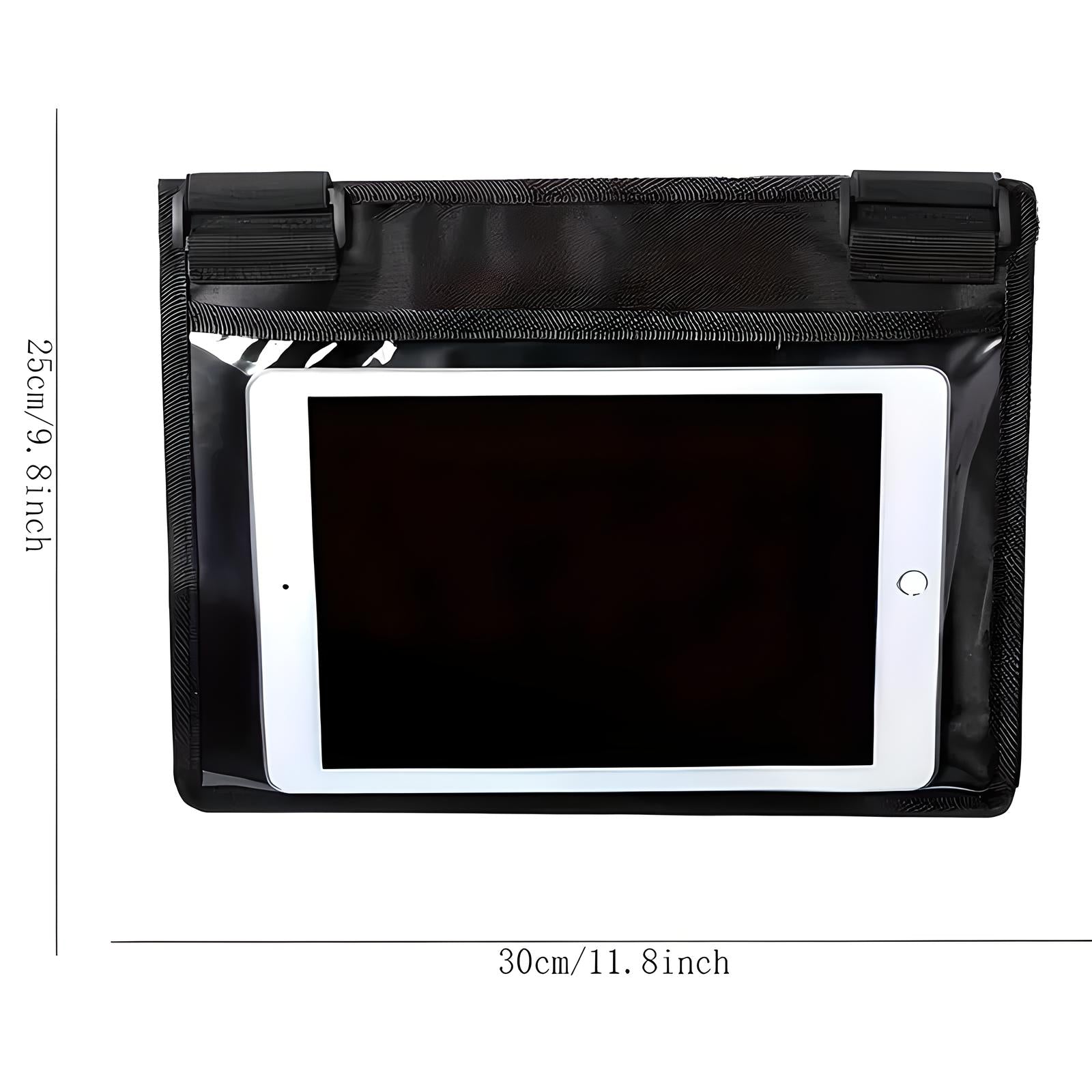 Black waterproof tablet pouch with transparent front, showcasing a tablet inside. Dimensions: 30cm x 25cm. Ideal for device protection and travel.