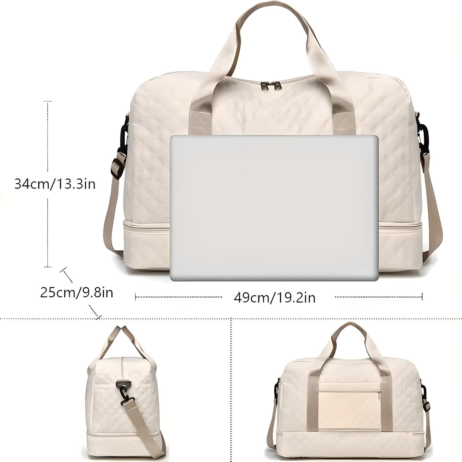 Cream quilted travel duffel bag with laptop compartment, adjustable shoulder strap, and multiple pockets. Dimensions: 49cm x 34cm x 25cm.