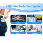 Woman placing portable hygiene product in pocket; four images depict usage in market, travel, office, hospital. Ultimate portable hygiene solution.