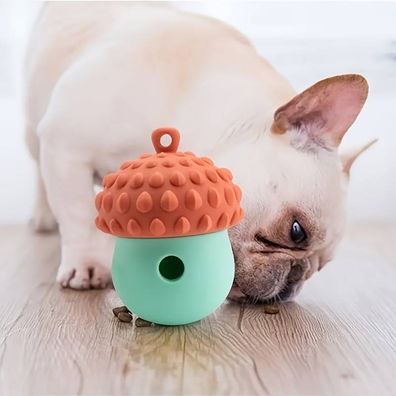 French Bulldog playing with a green and orange acorn-shaped dog toy on wooden floor. Durable pet chew toy, interactive play, dog accessories.