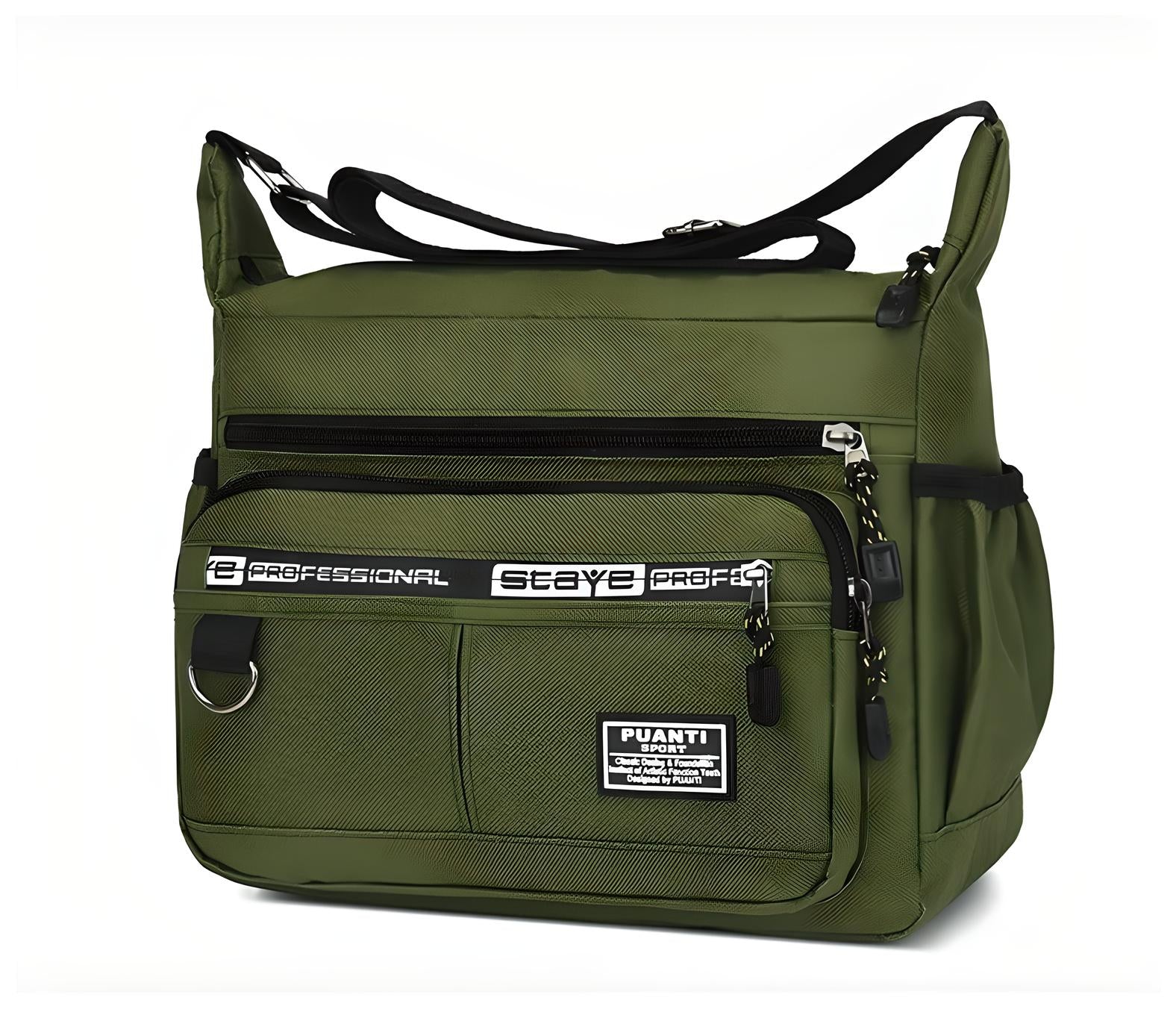 Olive green messenger bag with multiple zippered pockets, adjustable shoulder strap, and branded patches. Ideal for travel, work, or school use.