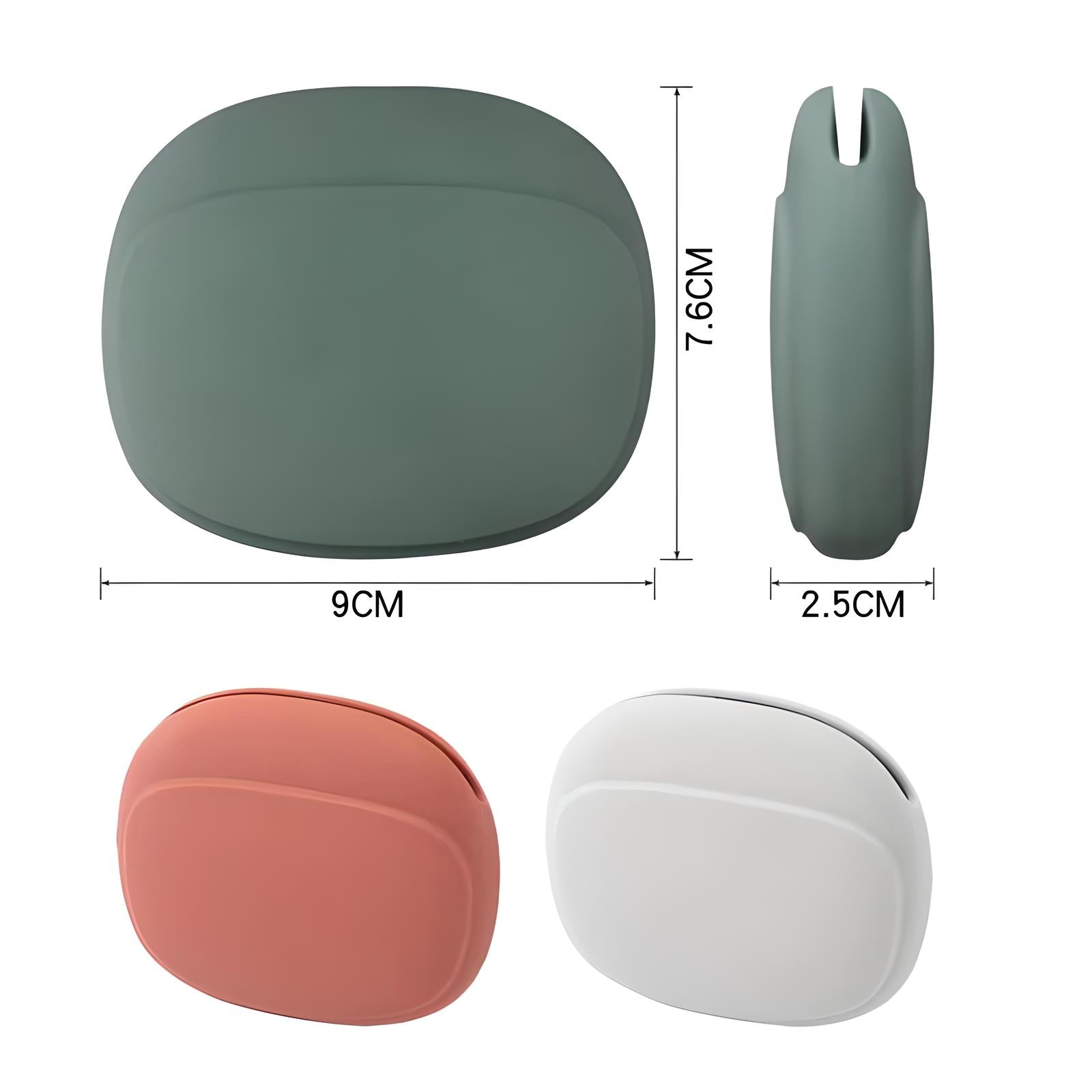 Silicone soap dish set in green, orange, and white. Compact design with dimensions: 9cm x 7.6cm x 2.5cm. Ideal for bathroom organization.