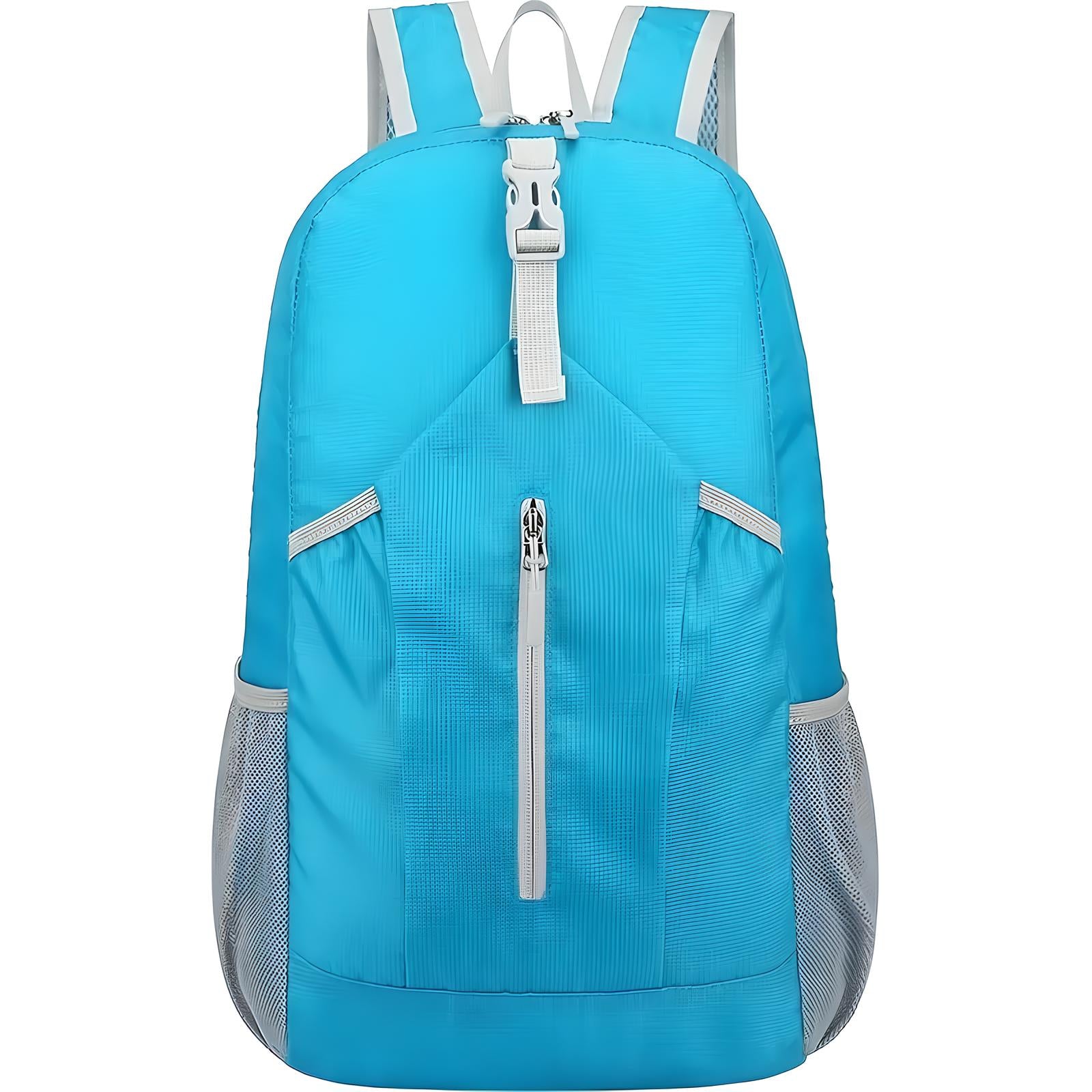 Bright blue backpack with front zipper pocket, adjustable straps, and side mesh pockets. Lightweight, durable design ideal for travel and school use.