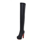 Black thigh-high stiletto boot with red sole, high heel, and platform. Fashionable women's footwear, elegant design, luxury style.