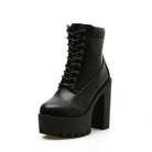 Black platform ankle boot with chunky high heel, lace-up front, and sleek leather finish. Women's fashion footwear, trendy gothic style.