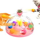 Interactive cat toy dome with colorful balls and feathers, featuring spinning arms and a central catnip holder. Perfect for playful kittens and cats.