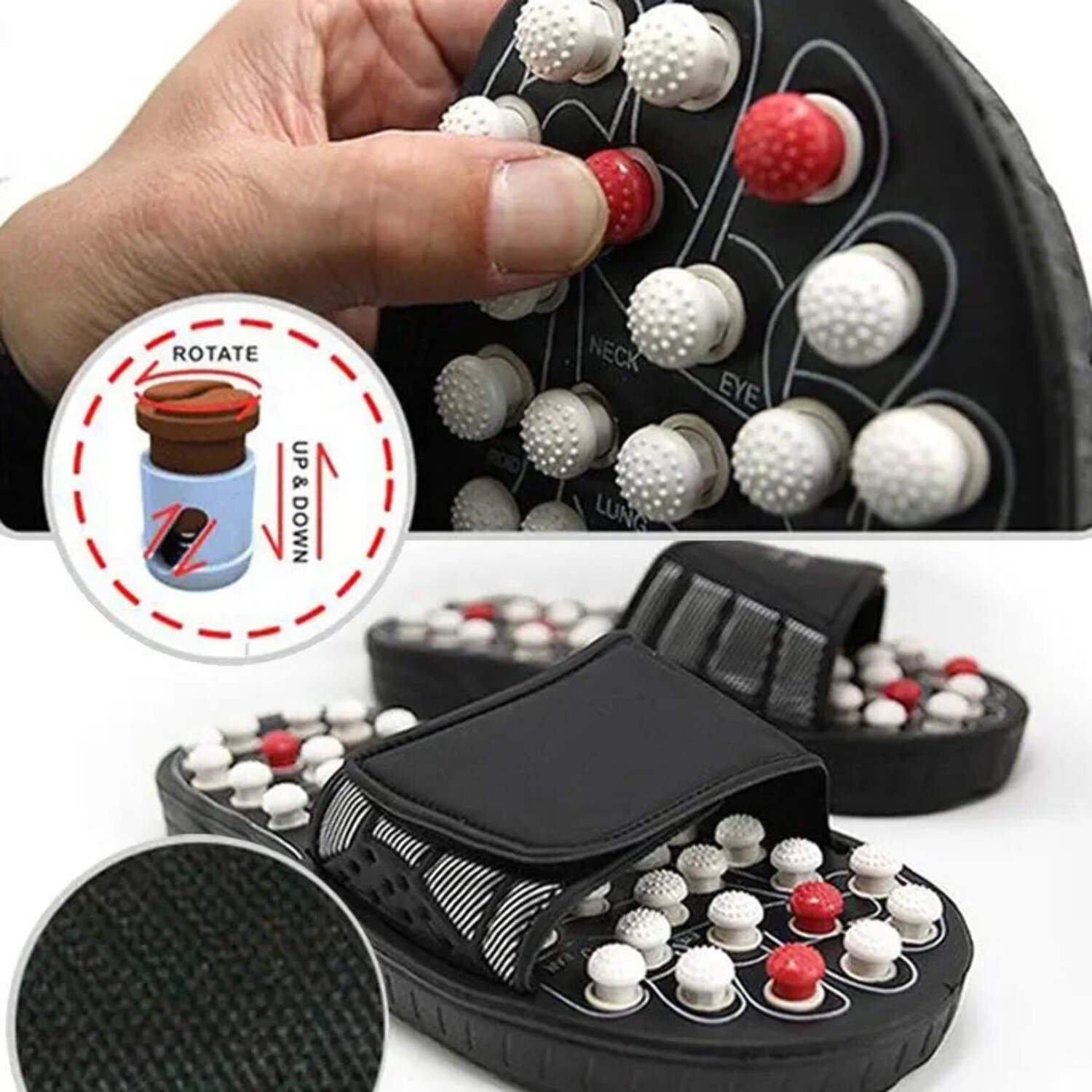 Acupressure massage slippers with adjustable knobs for foot therapy, pain relief, and improved circulation. Ideal for reflexology and wellness.