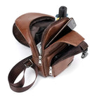 Brown leather crossbody sling bag with multiple compartments, showcasing a smartphone, wallet, and accessories. Stylish men's fashion accessory.