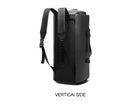 Sleek black backpack with vertical design, adjustable straps, and side handle. Ideal for travel and outdoor activities. Durable and stylish gear bag.