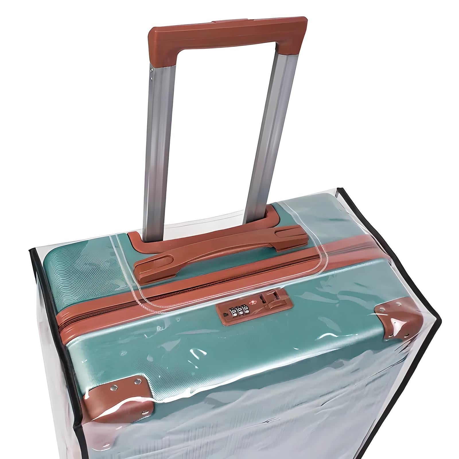 Green hard-shell suitcase with brown accents, telescopic handle, and TSA lock, covered in a clear protective cover. Ideal for travel and luggage protection.