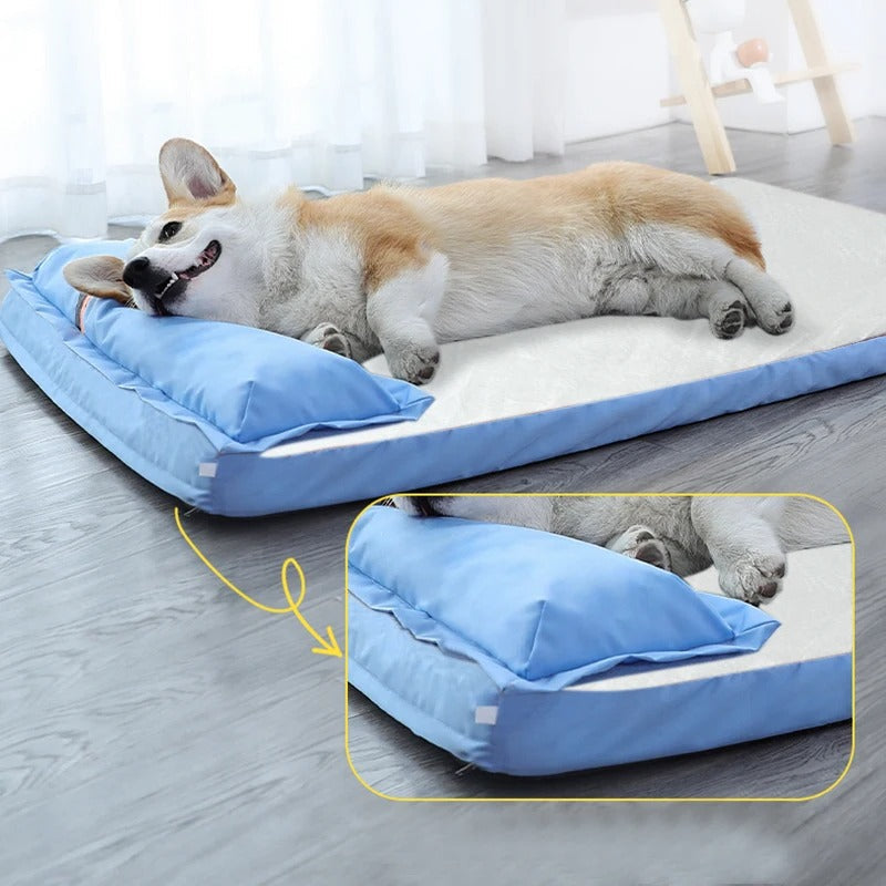 Corgi dog relaxing on a blue orthopedic pet bed with pillow, wooden floor background, cozy home setting. Ideal for pet comfort and support.