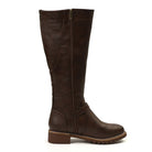 Brown knee-high leather boot with side zipper, low block heel, and rugged sole. Stylish women's footwear for fall and winter fashion.