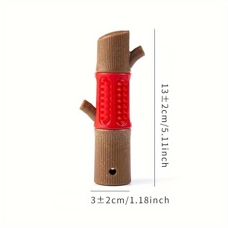 Dog chew toy shaped like a tree branch with red textured grip, measuring 13cm in height. Durable pet toy for dental health and interactive play.