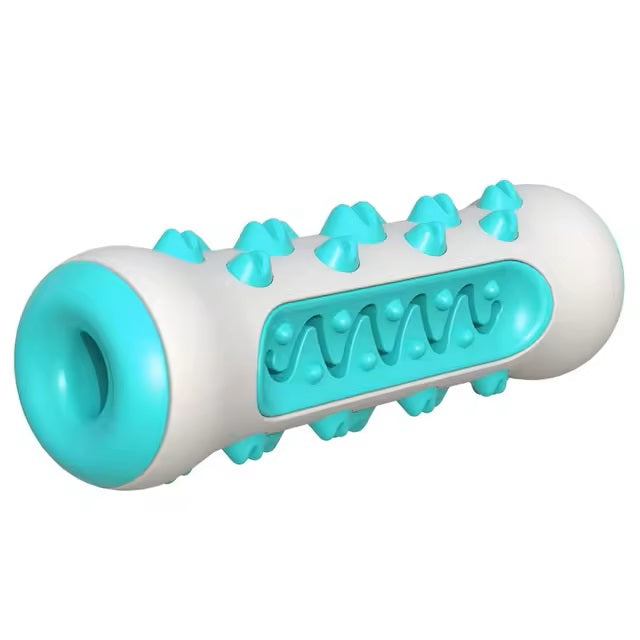 Durable blue and white dog chew toy with textured spikes and grooves, designed for dental health and interactive play. Perfect for aggressive chewers.