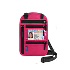 Pink crossbody bag with multiple zippered compartments, featuring a clear ID window displaying a New York State driver's license. Stylish and functional accessory.