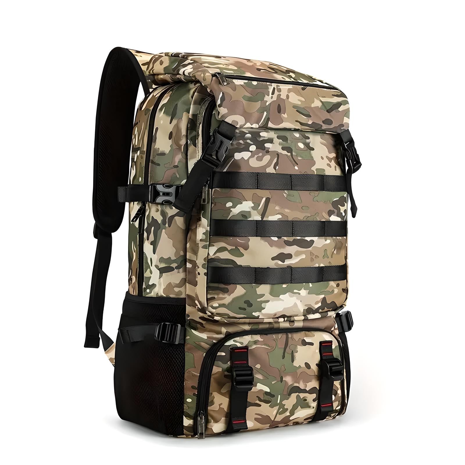 Camouflage tactical backpack with multiple compartments, adjustable straps, and durable material, ideal for outdoor adventures, hiking, and camping.