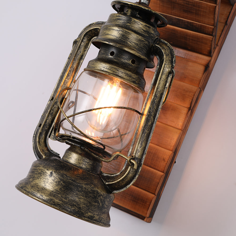 Vintage brass lantern wall sconce with Edison bulb, rustic industrial design, ideal for home decor, ambient lighting, and retro-themed interiors.