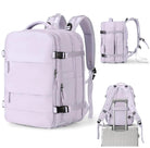 Versatile lavender travel backpack with multiple compartments, adjustable straps, and luggage sleeve. Ideal for travel, school, or work. Durable and stylish.