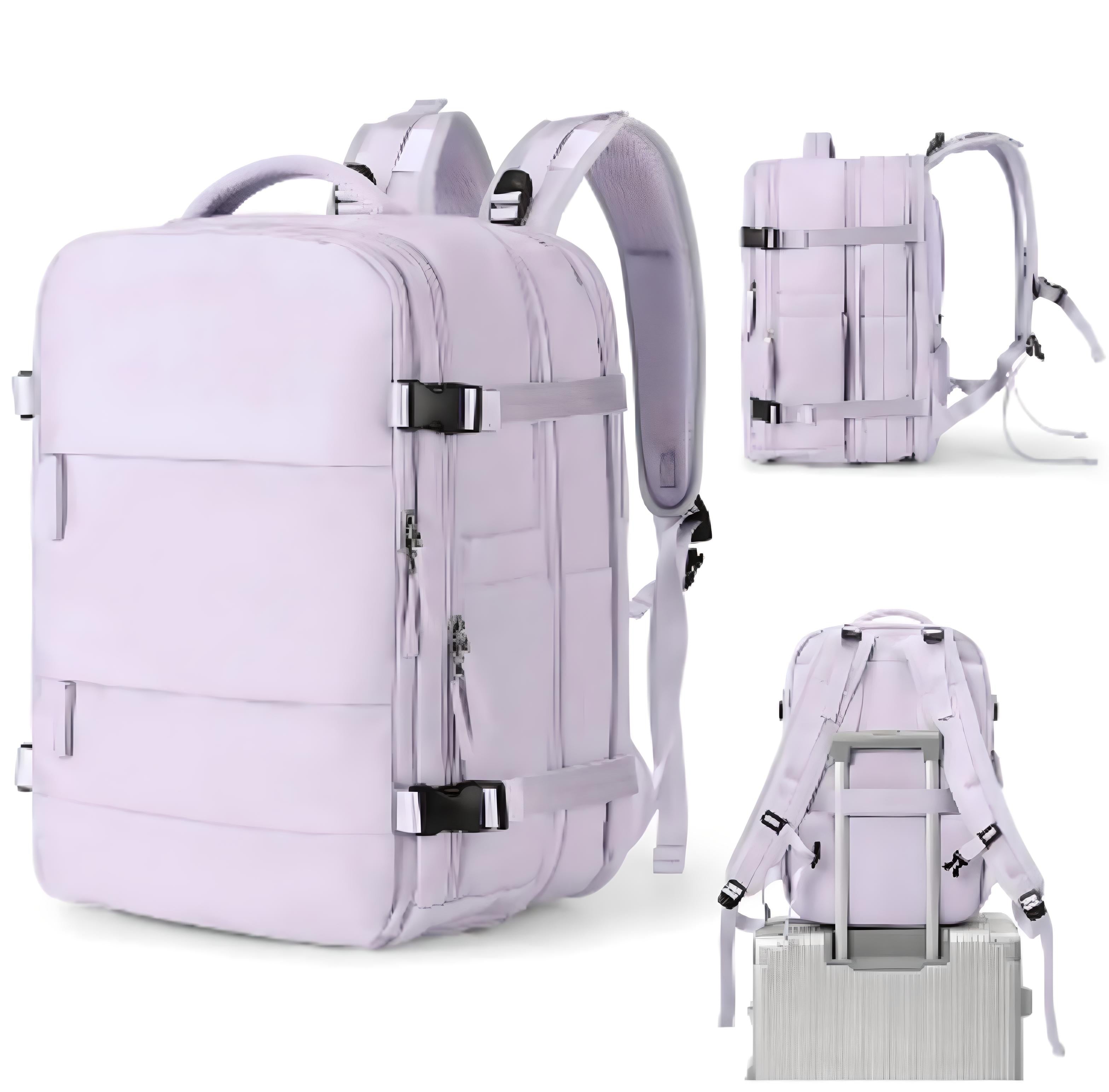 Versatile lavender travel backpack with multiple compartments, adjustable straps, and luggage sleeve. Ideal for travel, school, or work. Durable and stylish.