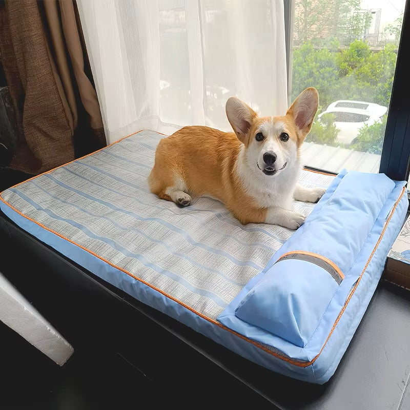 Corgi dog resting on a blue cooling mat by a window, featuring breathable fabric and pillow, ideal for pet comfort and temperature regulation.