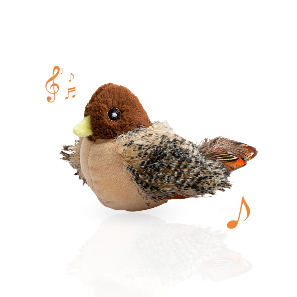 Plush singing bird toy with realistic brown and beige feathers, musical notes, and reflective eyes on a white background. Perfect for kids and collectors.