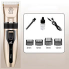 Pet grooming kit with electric clipper, four guide combs (3mm-12mm), cleaning brush, oil bottle, and charging cable. Ideal for dog hair trimming.