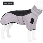 Gray-black waterproof dog coat, reflective, insulated, adjustable fit, winter pet apparel.