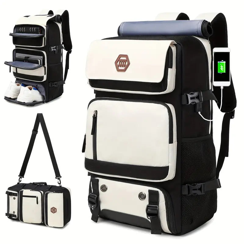 Versatile black and white travel backpack with USB charging port, shoe compartment, and detachable shoulder strap. Ideal for hiking and commuting.