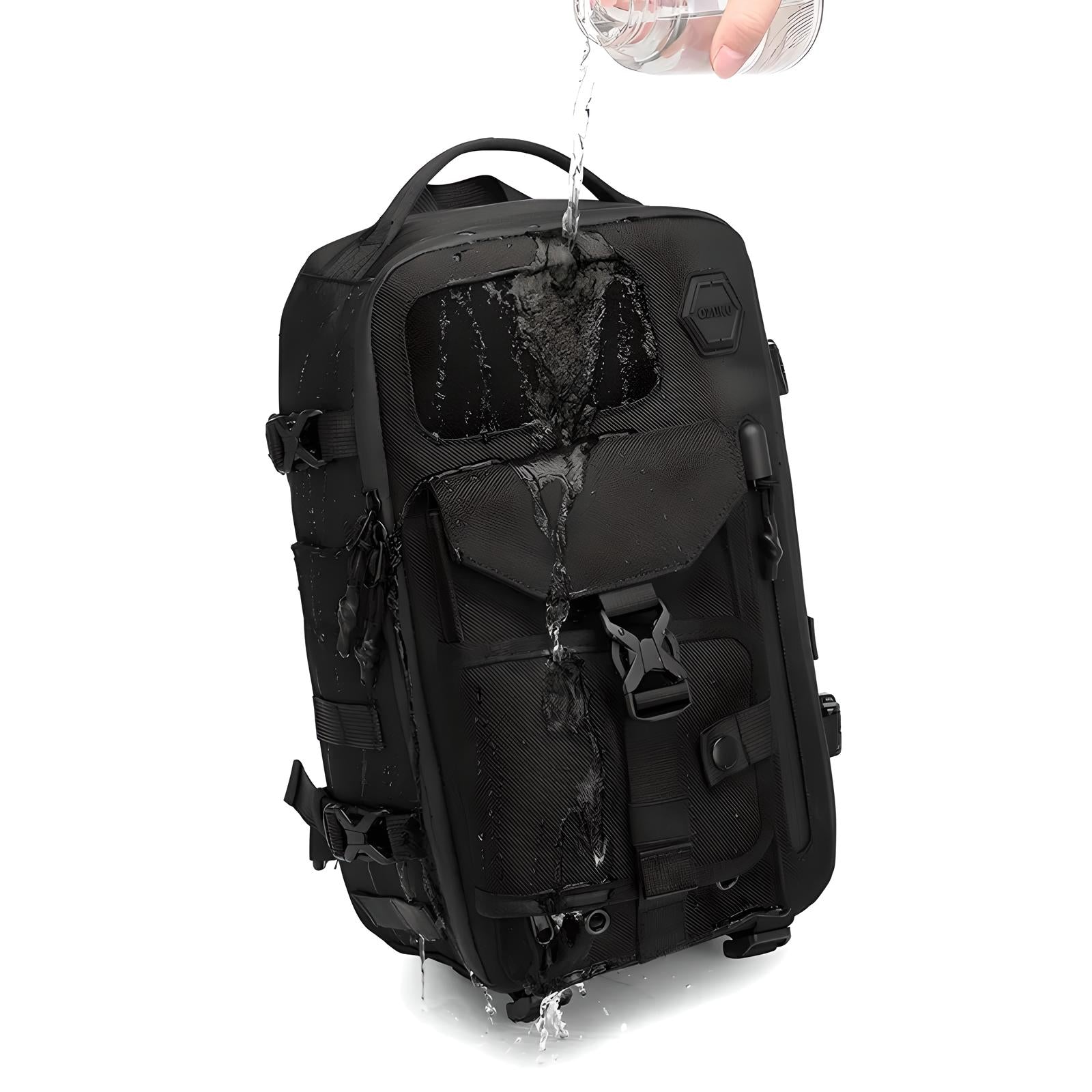 Waterproof black tactical backpack with multiple compartments, durable straps, and water-resistant material, ideal for outdoor adventures and travel.