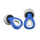 Blue and white ergonomic earplugs with loop design, noise-canceling, comfortable fit, ideal for sleep and travel. High-quality silicone material.