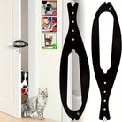 Pet door strap for cats, dogs, and babies; adjustable black strap on door, prevents access, ensures pet safety, easy installation, durable material.