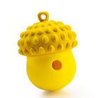 Yellow silicone acorn-shaped birdhouse with textured cap and hanging loop, ideal for garden decor and bird nesting. Eco-friendly outdoor accessory.