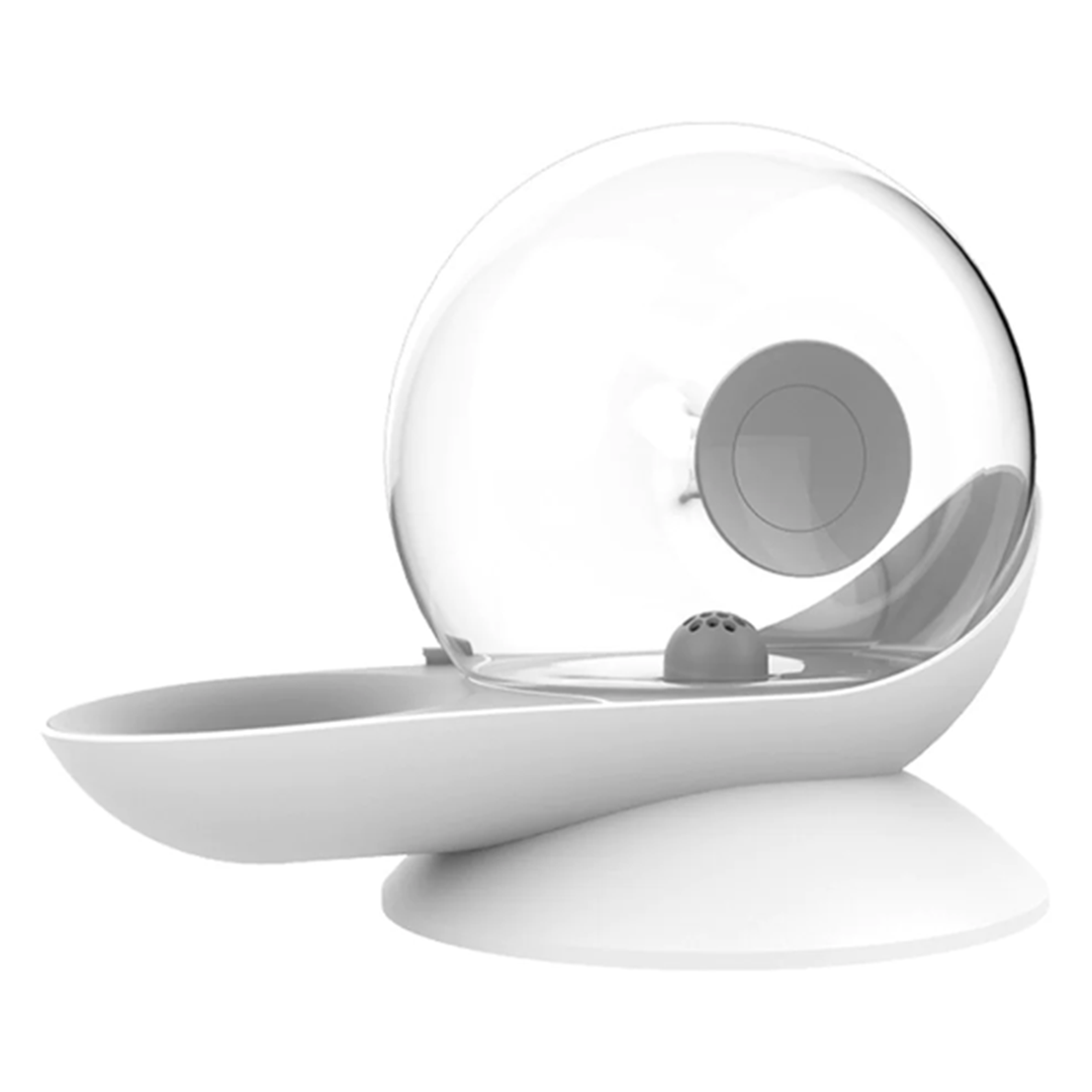 Modern white pet water fountain with transparent dome design, automatic filtration system, and sleek base. Ideal for cats and small dogs.