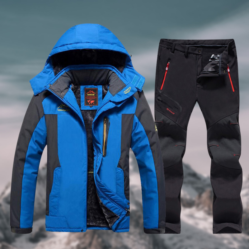 Blue waterproof winter jacket and black hiking pants set, insulated for outdoor activities.