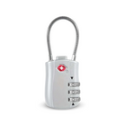 Silver 3-digit combination lock with TSA-approved design, featuring a flexible cable shackle. Ideal for luggage security and travel safety.