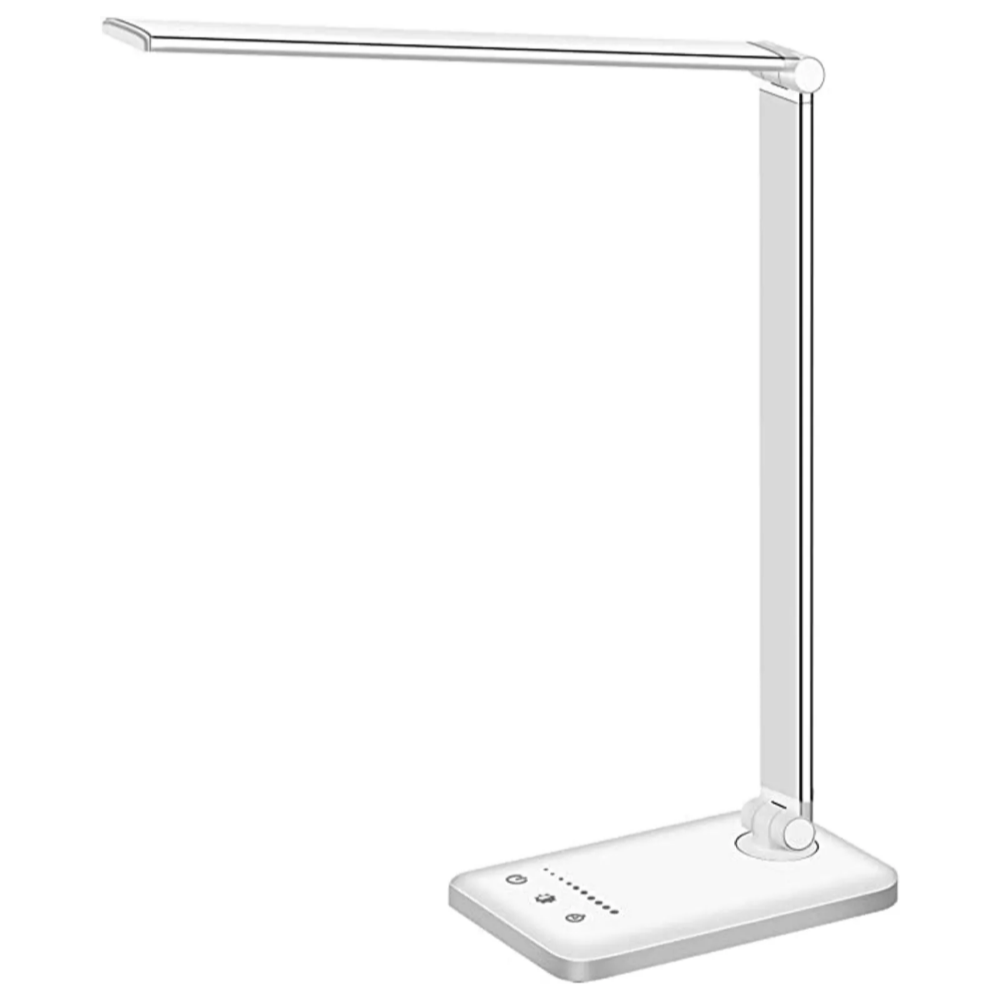 Sleek white LED desk lamp with adjustable arm and touch controls, ideal for modern office lighting. Energy-efficient, minimalist design for workspace illumination.