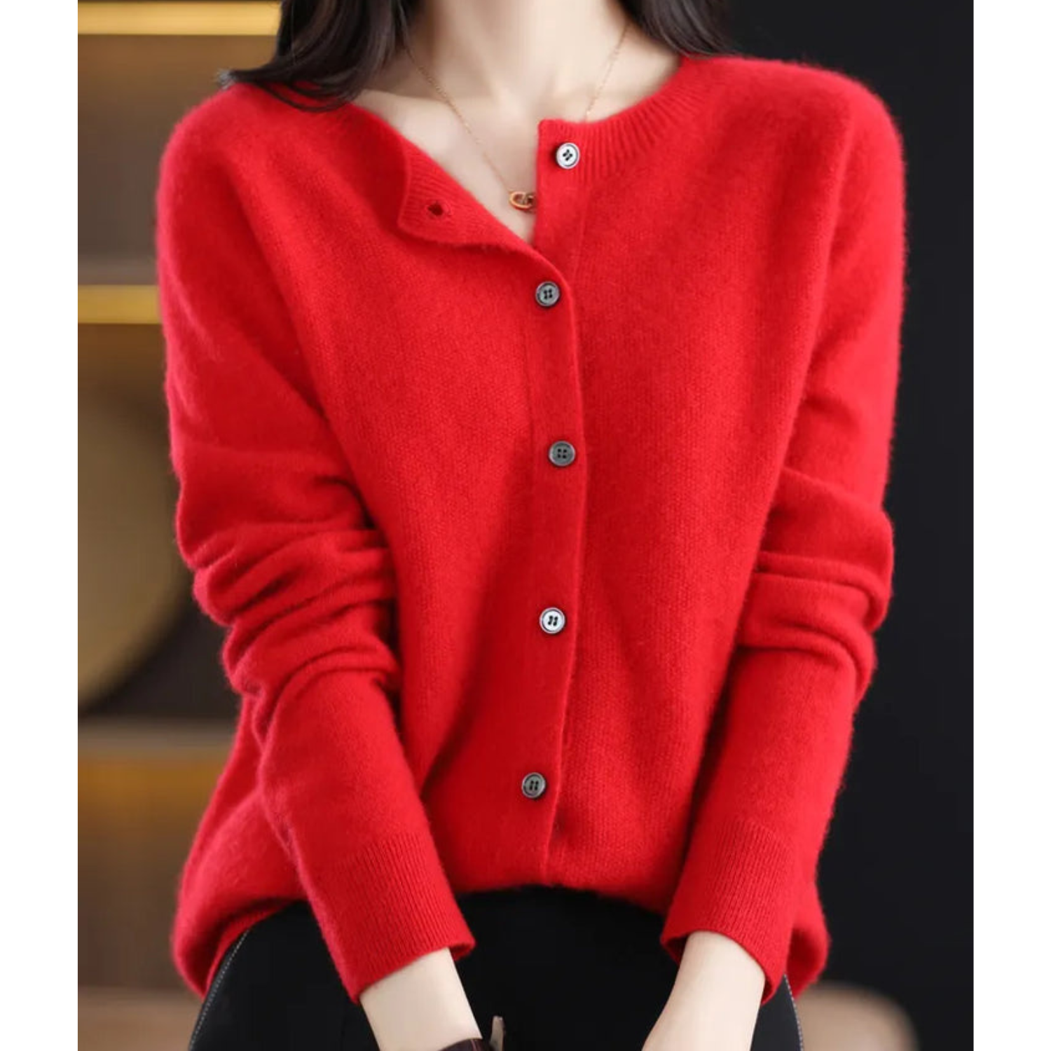 Red cashmere cardigan sweater with buttons, women's fashion, cozy winter wear.