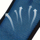 Breathable blue mesh fabric with airflow arrows, highlighting ventilation and cooling features. Ideal for sportswear, activewear, and outdoor gear.