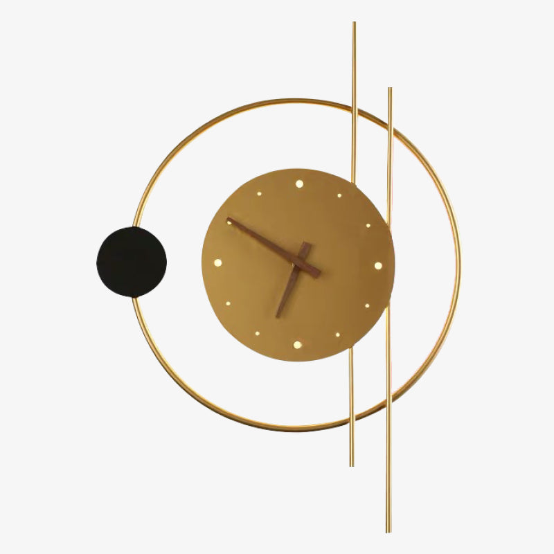 Modern gold wall clock with minimalist design, featuring circular frame and sleek lines. Contemporary home decor, stylish timepiece, geometric art.