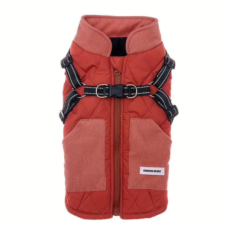 Red quilted dog jacket with harness, featuring corduroy accents and front zipper. Ideal for pet fashion, winter warmth, and outdoor adventures.