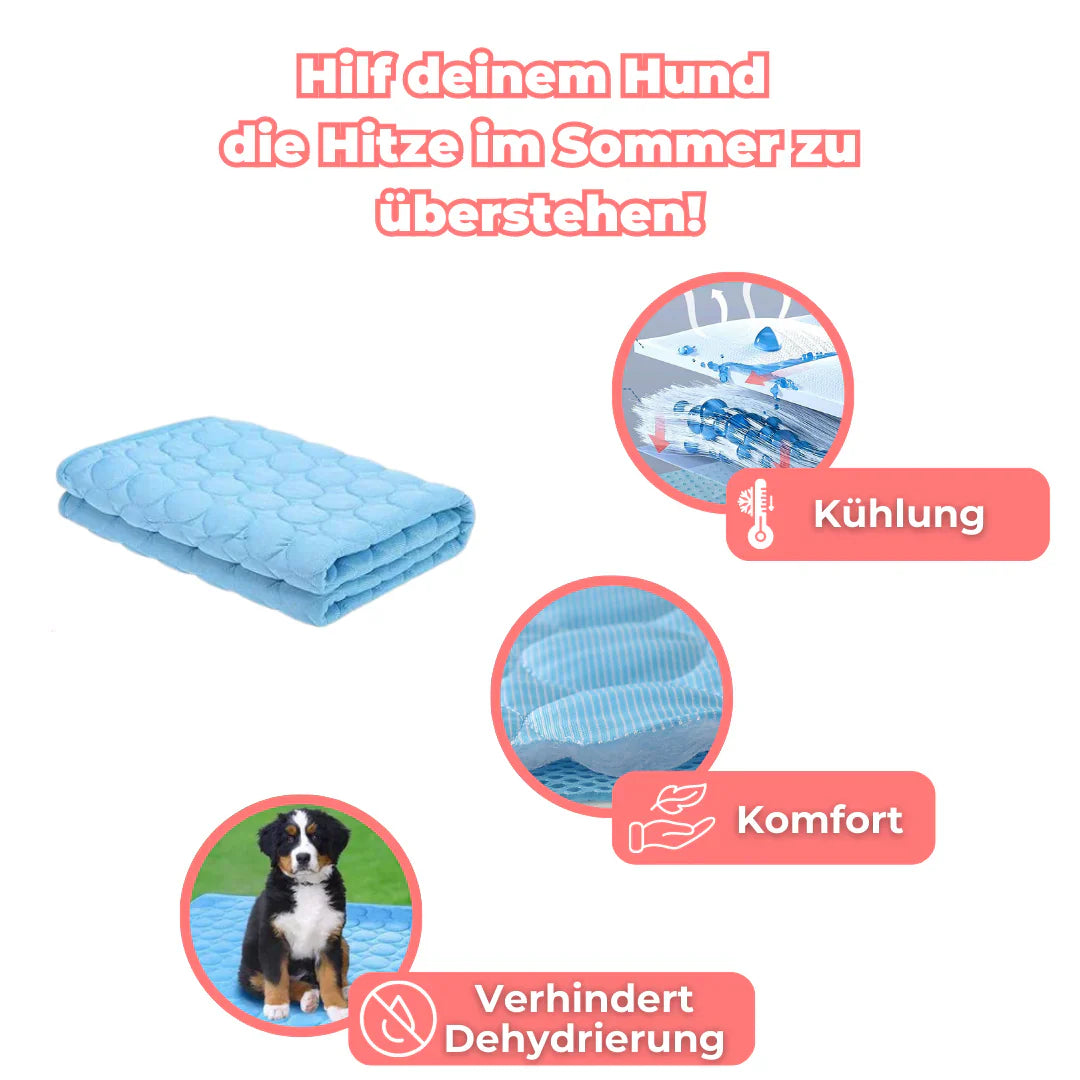 Cooling dog mat with blue quilted design, offering comfort and dehydration prevention. Ideal for summer heat relief. Perfect pet cooling solution.