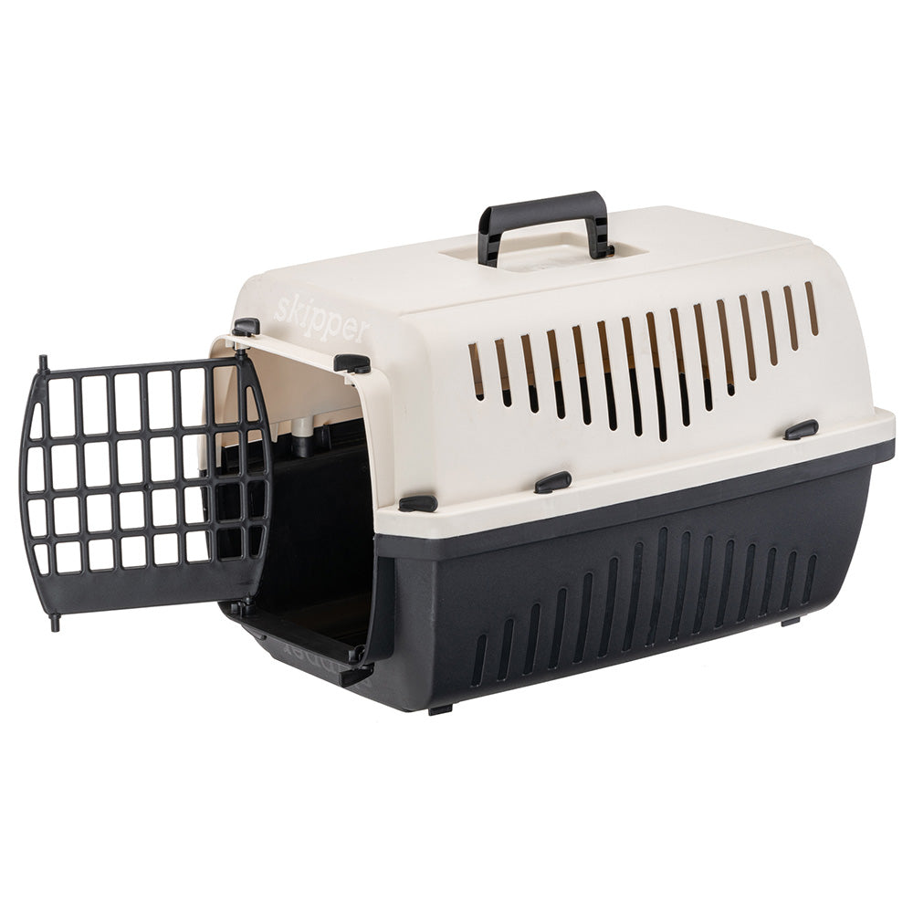 Pet carrier with open door, black base, and white top, featuring ventilation slots and a sturdy handle. Ideal for safe pet transport and travel.