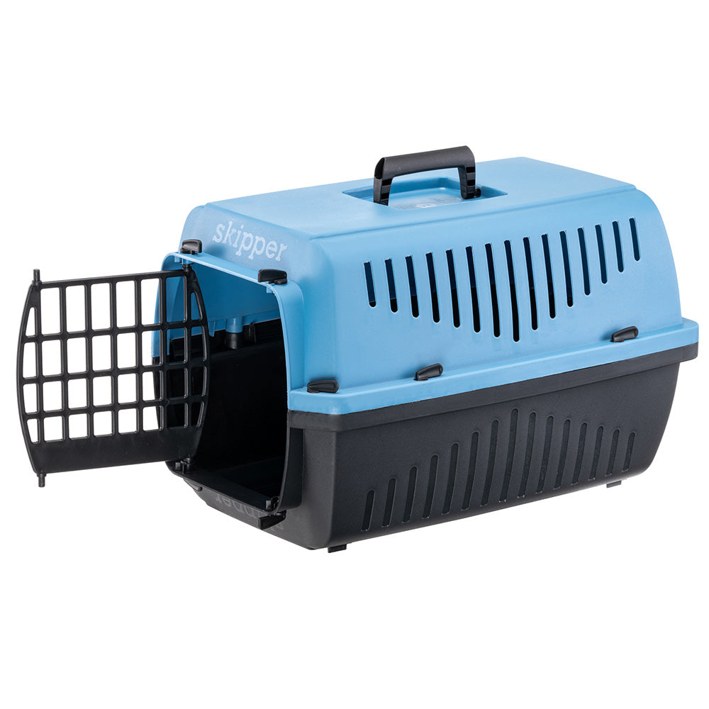 Blue and black plastic pet carrier with open door, ventilation slots, and handle. Ideal for safe pet transport. Durable and portable pet travel crate.