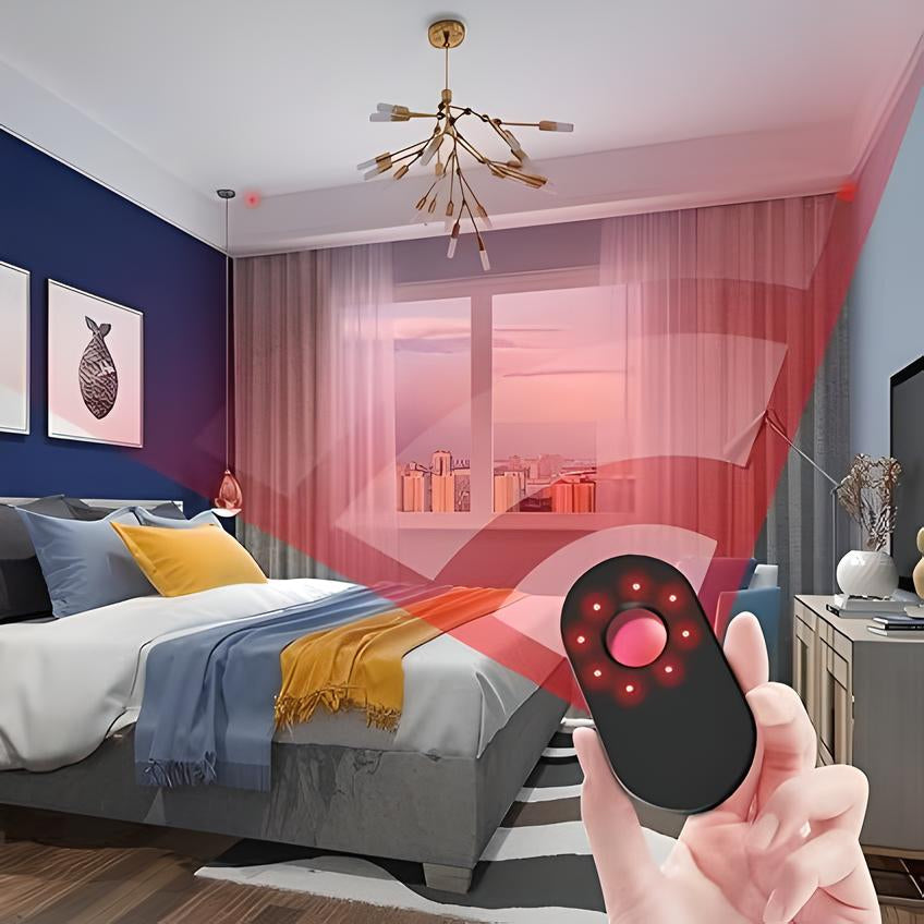 Smart home bedroom with remote-controlled LED lighting, modern decor, and city view. Enhance ambiance with advanced lighting technology.