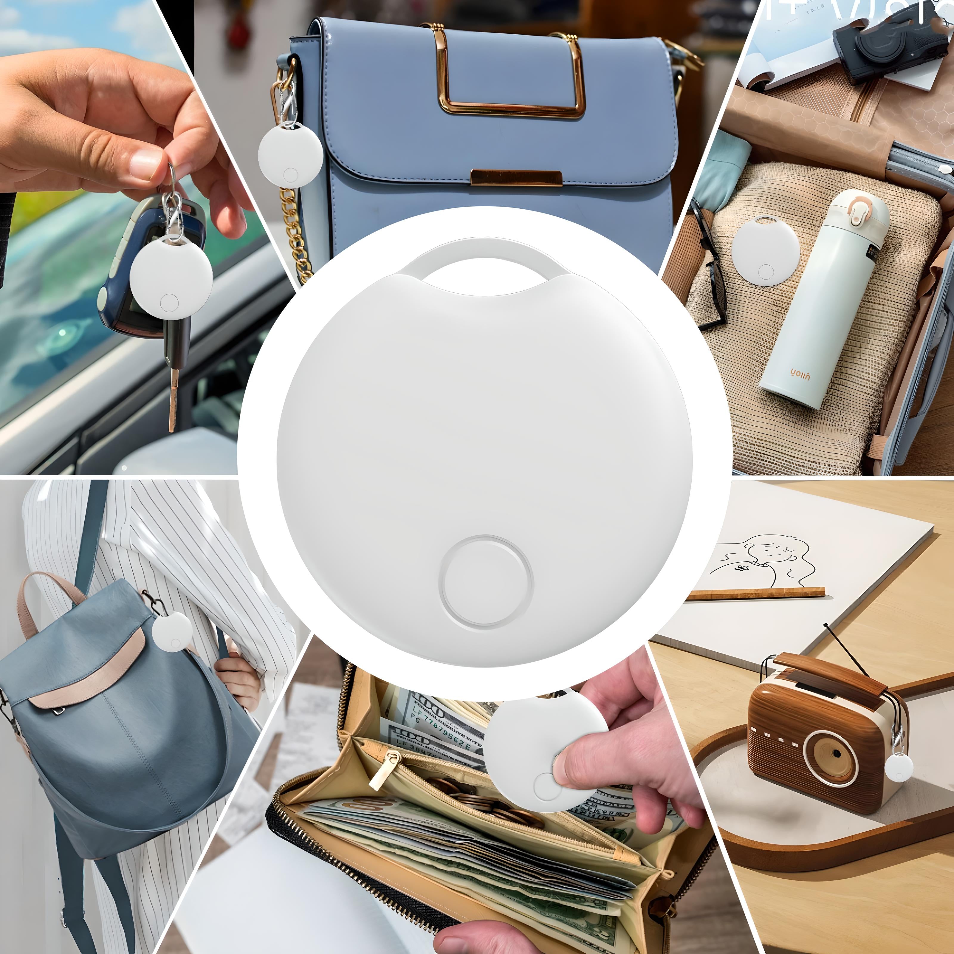 White Bluetooth tracker device for keys, bags, and wallets. Compact, round design enhances security and convenience. Ideal for personal item tracking.