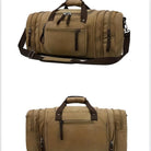 Tan duffel bag with multiple zippered compartments, adjustable shoulder strap, and sturdy handles. Ideal for travel, gym, or weekend trips.