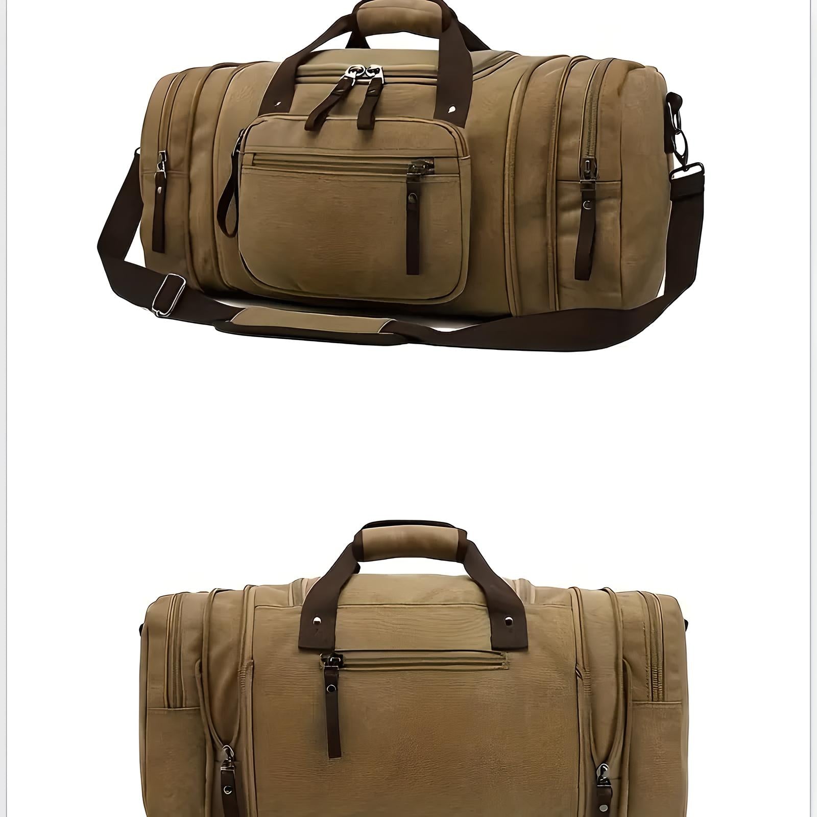 Tan duffel bag with multiple zippered compartments, adjustable shoulder strap, and sturdy handles. Ideal for travel, gym, or weekend trips.